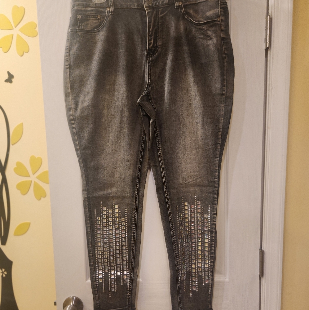 Ashley Stewart Brand New Faded Gray Skinny Jeans with Rhinestone Embellishments